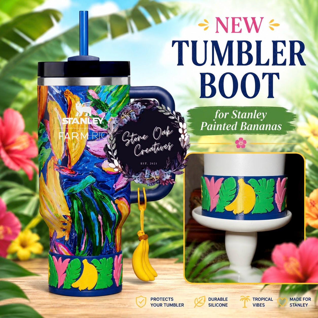 Tropical Tumbler Boot, banana leaves, banana, flowers, Unique Gift for Stanley and other tumblers, fits Farm Rio Painted Bananas