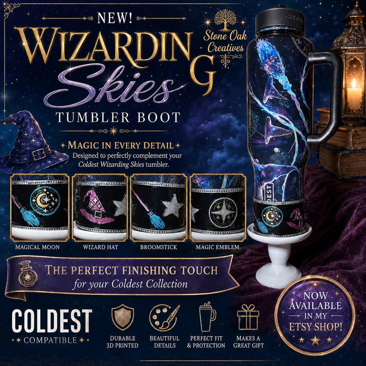Wizarding Skies Wizard Broom Moon Stars Tumbler boot for Coldest and Stanley Tumblers, unique gift accessories