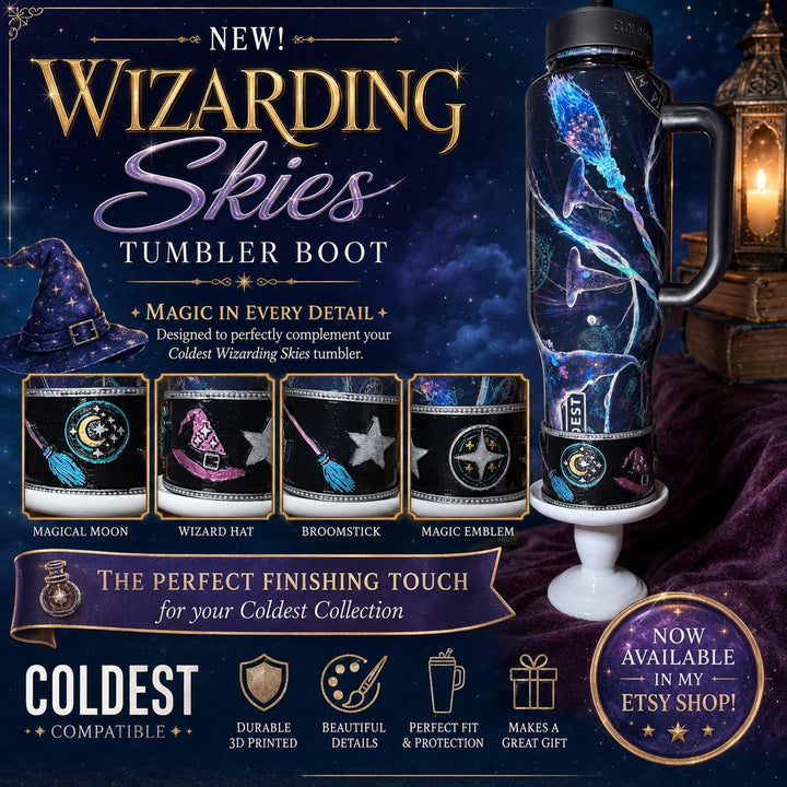 Wizarding Skies Wizard Broom Moon Stars Tumbler boot for Coldest and Stanley Tumblers, unique gift accessories