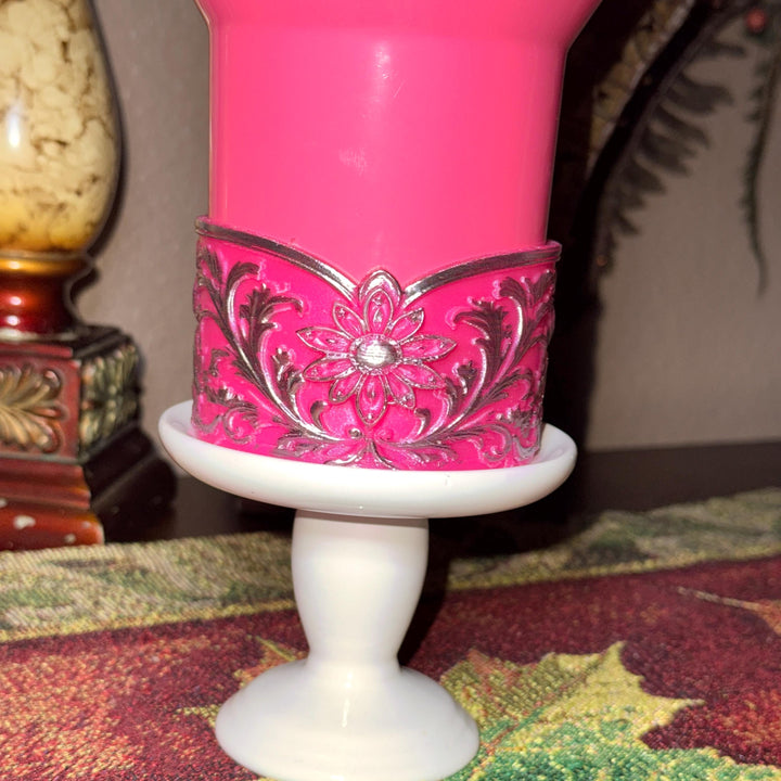 Elegant Hot Pink and Silver Fancy Lace Tumbler Boot, Halo or lid collar Accessory Collection for Stanley and Coldest, Pink Moonlight Floral