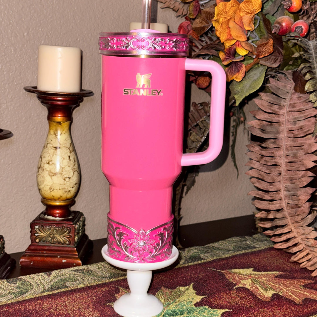 Elegant Hot Pink and Silver Fancy Lace Tumbler Boot, Halo or lid collar Accessory Collection for Stanley and Coldest, Pink Moonlight Floral
