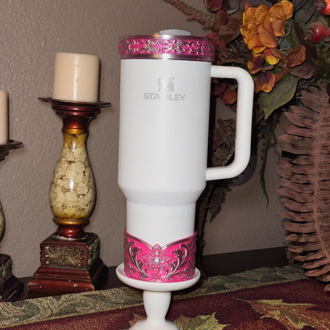 Elegant Hot Pink and Silver Fancy Lace Tumbler Boot, Halo or lid collar Accessory Collection for Stanley and Coldest, Pink Moonlight Floral
