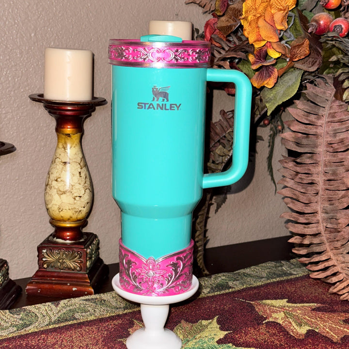 Elegant Hot Pink and Silver Fancy Lace Tumbler Boot, Halo or lid collar Accessory Collection for Stanley and Coldest, Pink Moonlight Floral