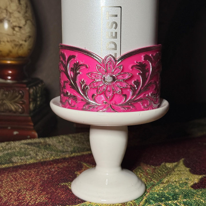 Elegant Hot Pink and Silver Fancy Lace Tumbler Boot, Halo or lid collar Accessory Collection for Stanley and Coldest, Pink Moonlight Floral