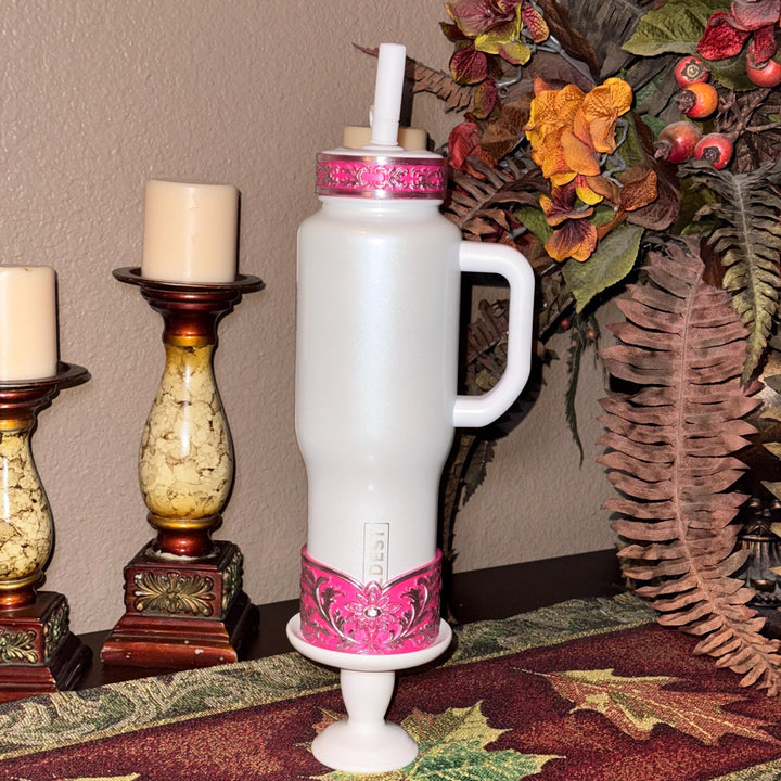 Elegant Hot Pink and Silver Fancy Lace Tumbler Boot, Halo or lid collar Accessory Collection for Stanley and Coldest, Pink Moonlight Floral