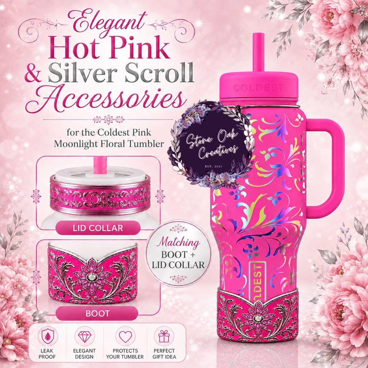 Elegant Hot Pink and Silver Fancy Lace Tumbler Boot, Halo or lid collar Accessory Collection for Stanley and Coldest, Pink Moonlight Floral