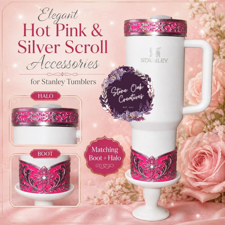 Elegant Hot Pink and Silver Fancy Lace Tumbler Boot, Halo or lid collar Accessory Collection for Stanley and Coldest, Pink Moonlight Floral