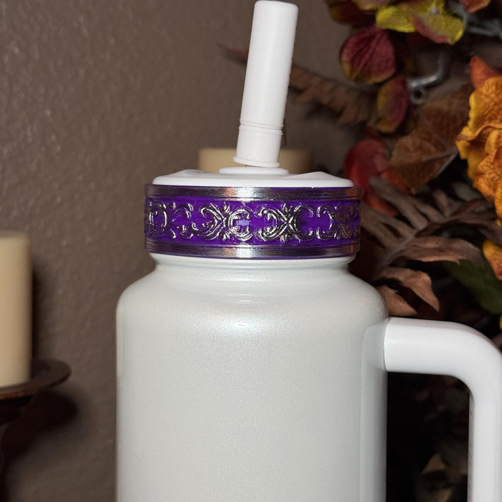 Elegant Purple and Silver Fancy Lace Tumbler Boot, Halo or lid collar Collection for tumblers, Stanley and Coldest Secret Garden accessories