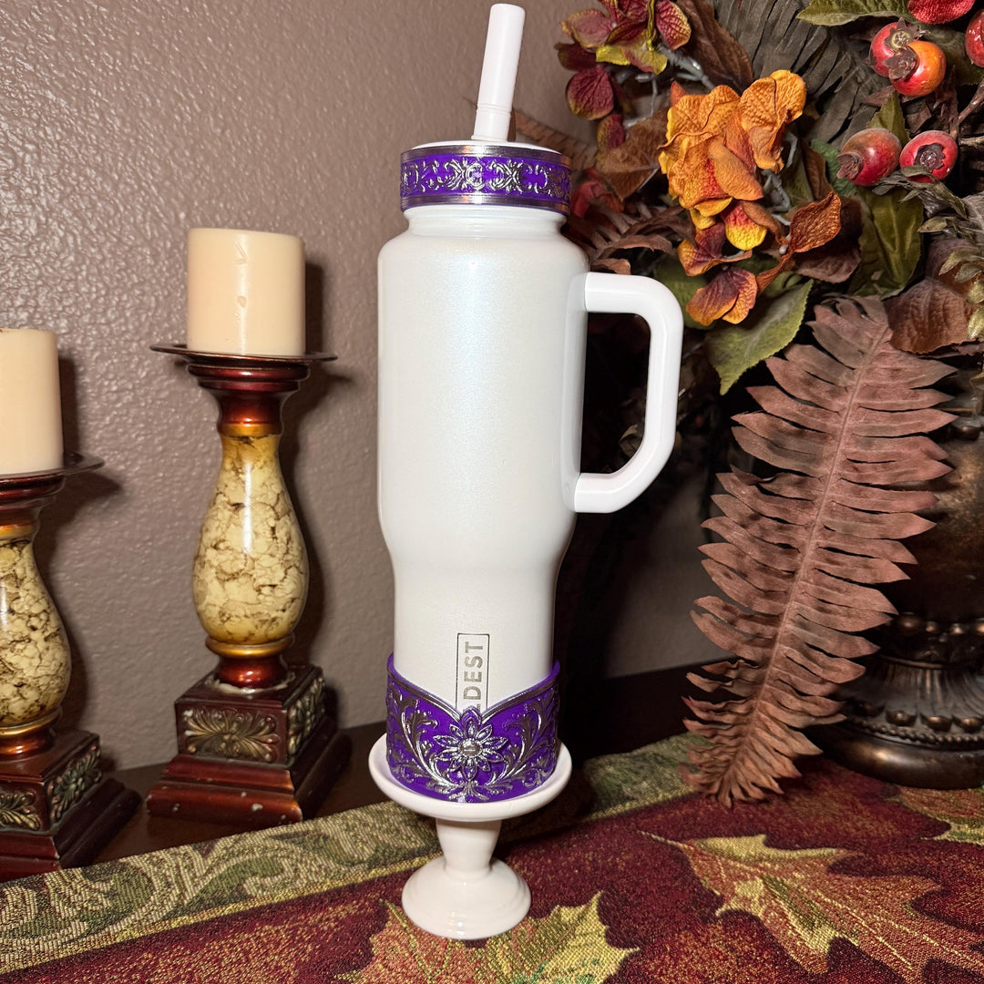 Elegant Purple and Silver Fancy Lace Tumbler Boot, Halo or lid collar Collection for tumblers, Stanley and Coldest Secret Garden accessories