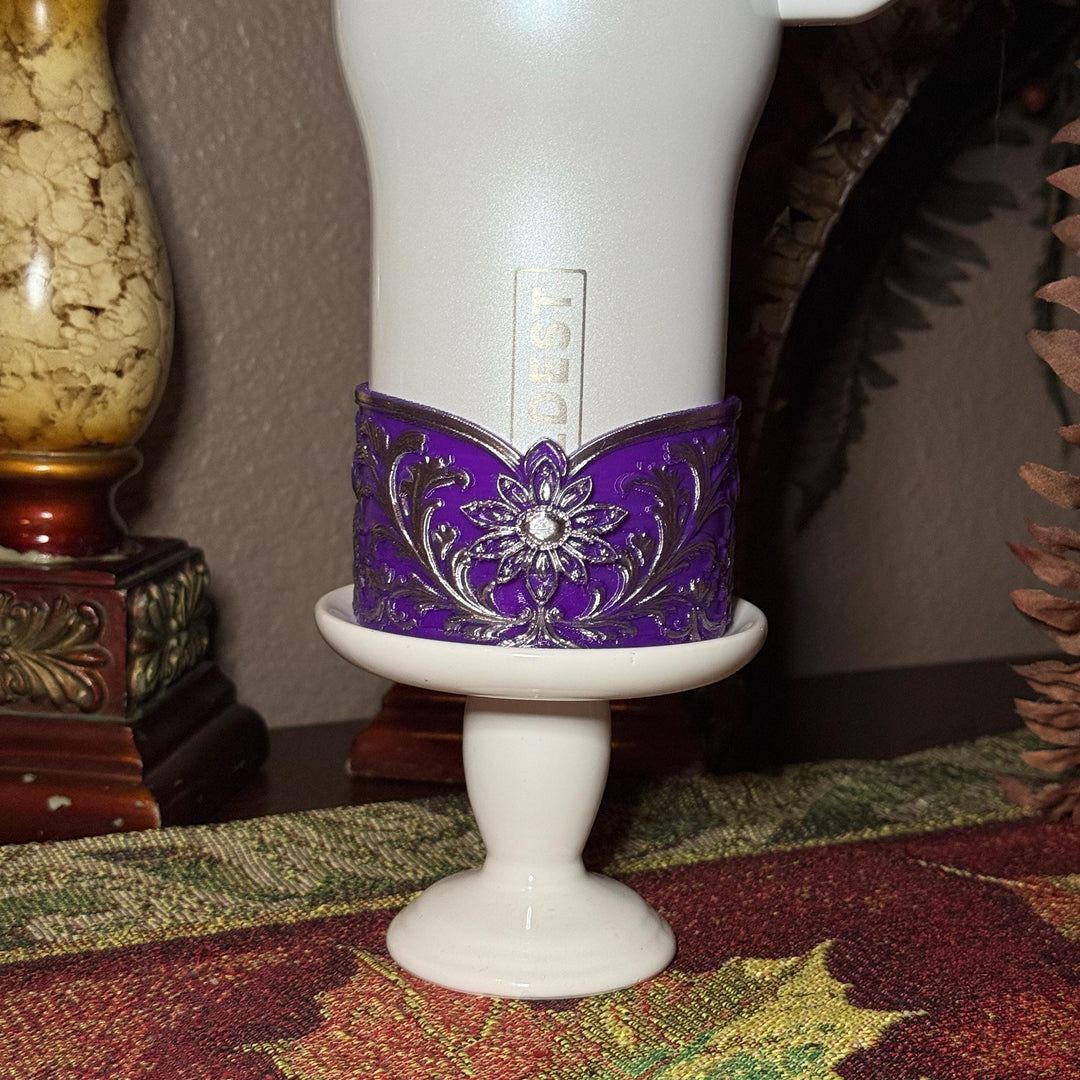Elegant Purple and Silver Fancy Lace Tumbler Boot, Halo or lid collar Collection for tumblers, Stanley and Coldest Secret Garden accessories