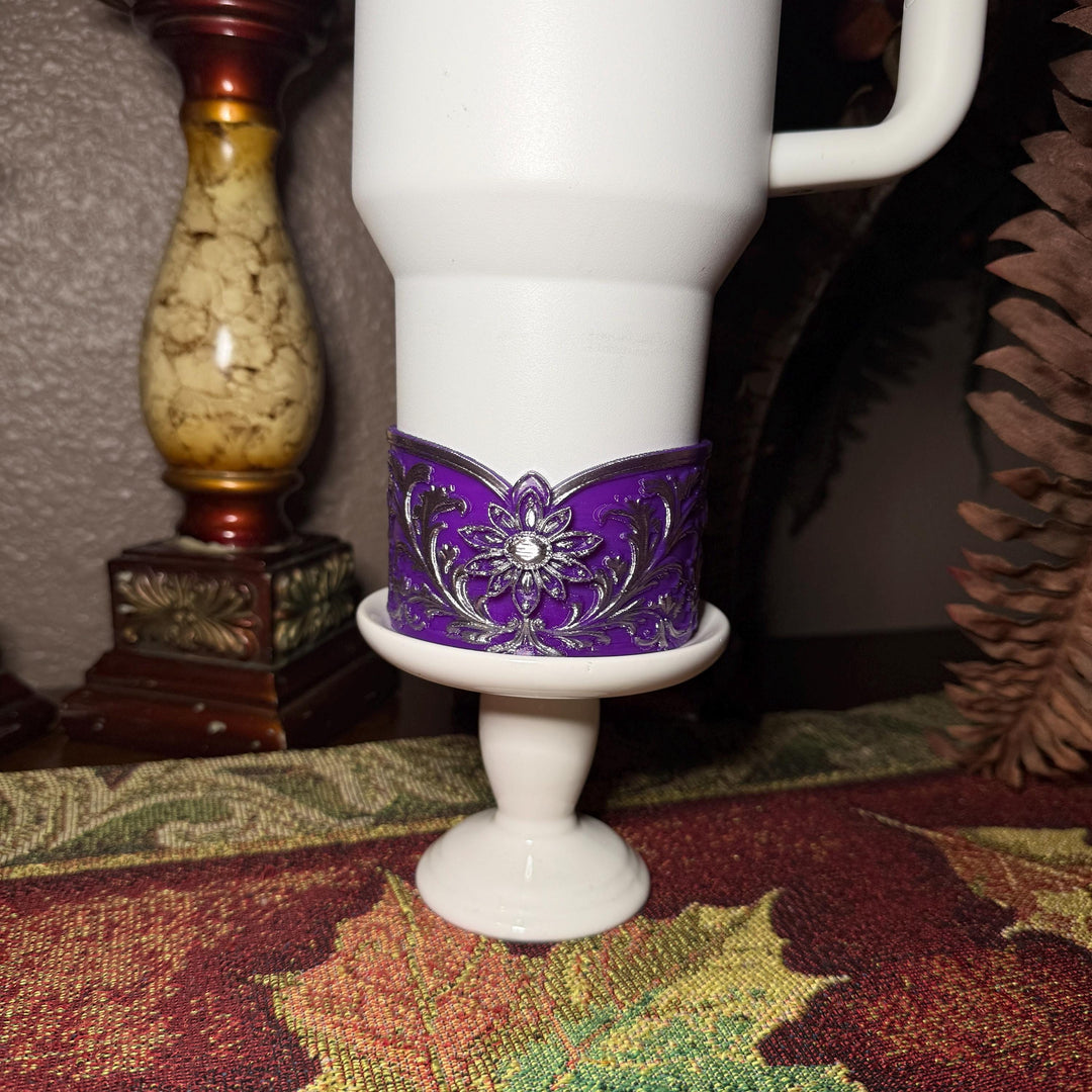 Elegant Purple and Silver Fancy Lace Tumbler Boot, Halo or lid collar Collection for tumblers, Stanley and Coldest Secret Garden accessories