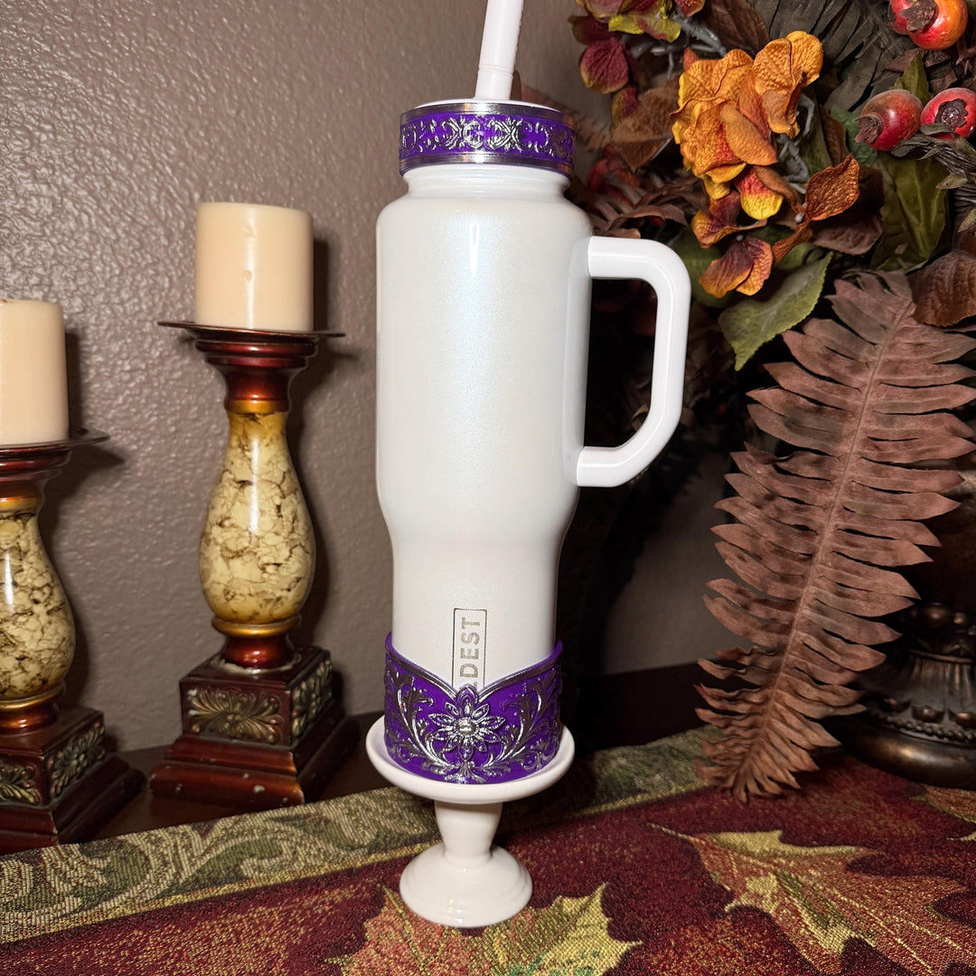 Elegant Purple and Silver Fancy Lace Tumbler Boot, Halo or lid collar Collection for tumblers, Stanley and Coldest Secret Garden accessories