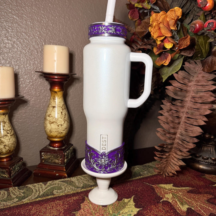 Elegant Purple and Silver Fancy Lace Tumbler Boot, Halo or lid collar Collection for tumblers, Stanley and Coldest Secret Garden accessories