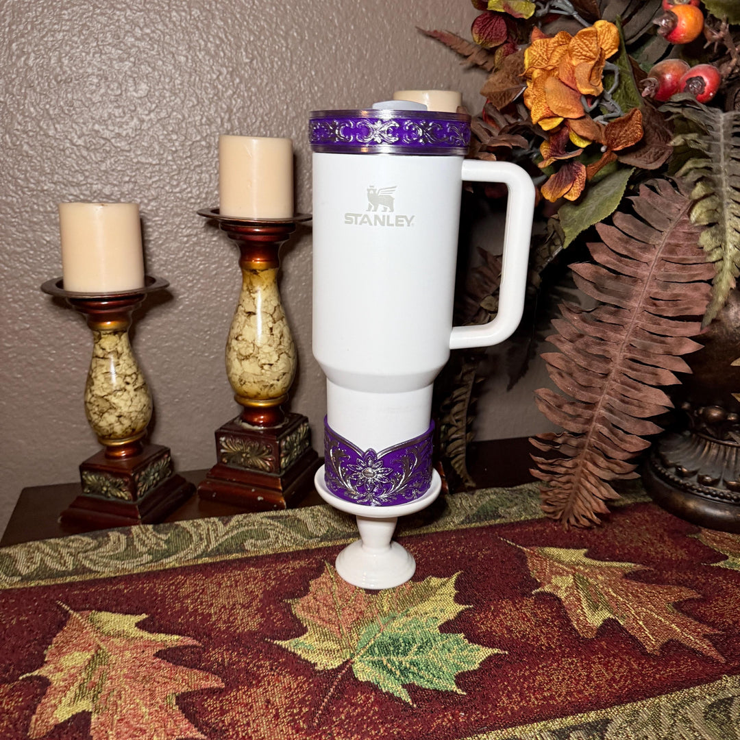 Elegant Purple and Silver Fancy Lace Tumbler Boot, Halo or lid collar Collection for tumblers, Stanley and Coldest Secret Garden accessories