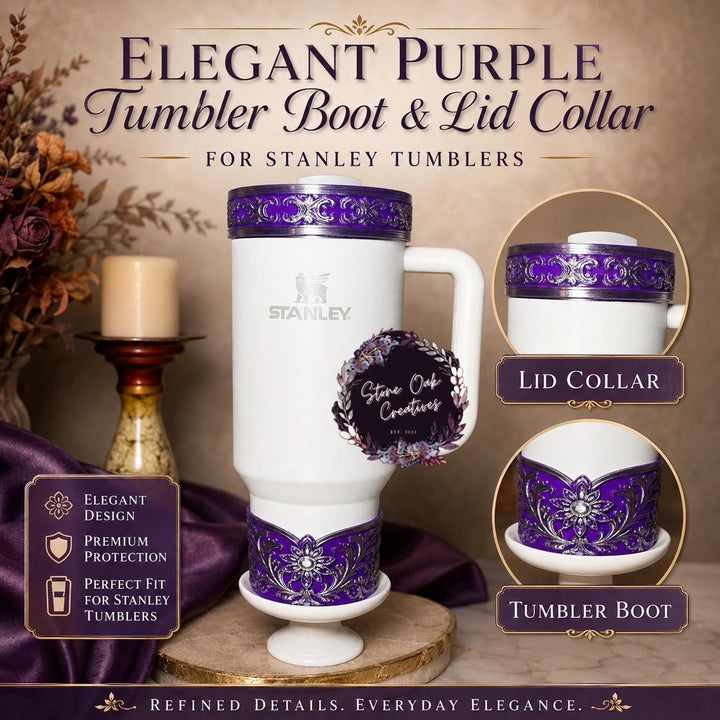 Elegant Purple and Silver Fancy Lace Tumbler Boot, Halo or lid collar Collection for tumblers, Stanley and Coldest Secret Garden accessories