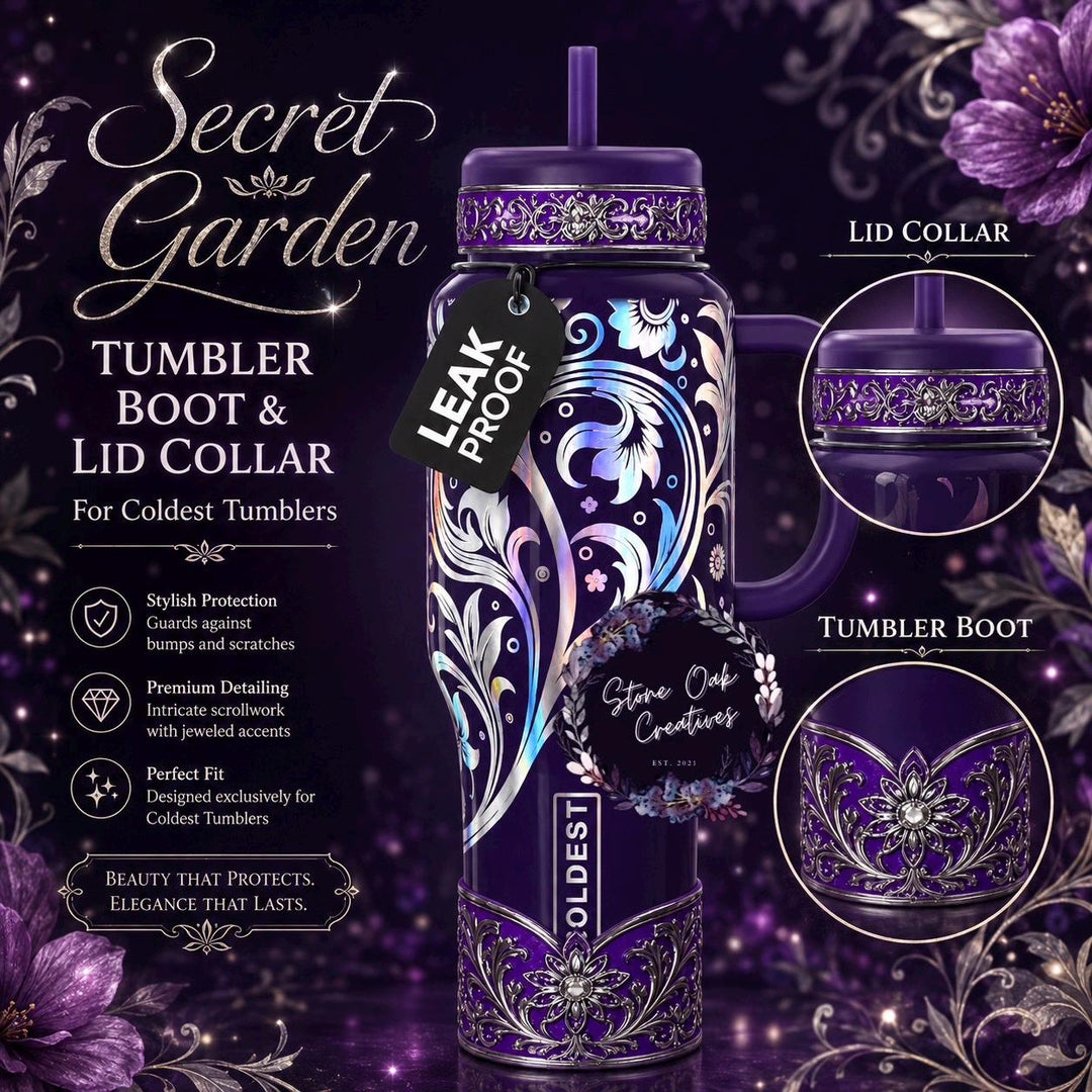 Elegant Purple and Silver Fancy Lace Tumbler Boot, Halo or lid collar Collection for tumblers, Stanley and Coldest Secret Garden accessories