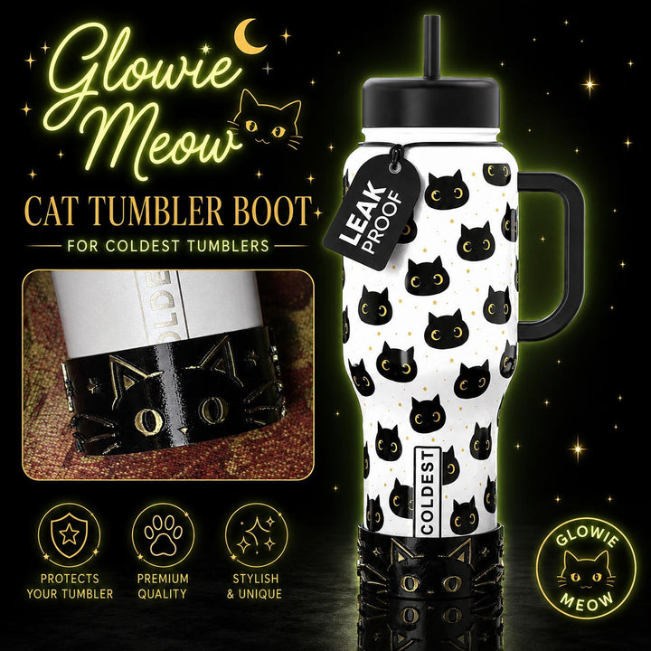 Whisker Cat Tumbler Boot, black with gold accents, Coldest Glowie Meow, Fit's Stanley and Coldest Tumblers, Protective Sleeve