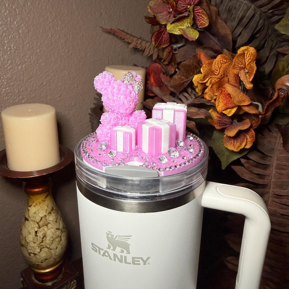 Lavender White Rose Bear and Gift Boxes Rhinestone Tumbler Topper fits Stanley Lids