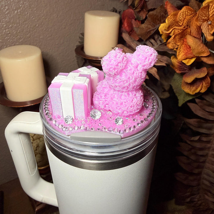 Lavender White Rose Bear and Gift Boxes Rhinestone Tumbler Topper fits Stanley Lids