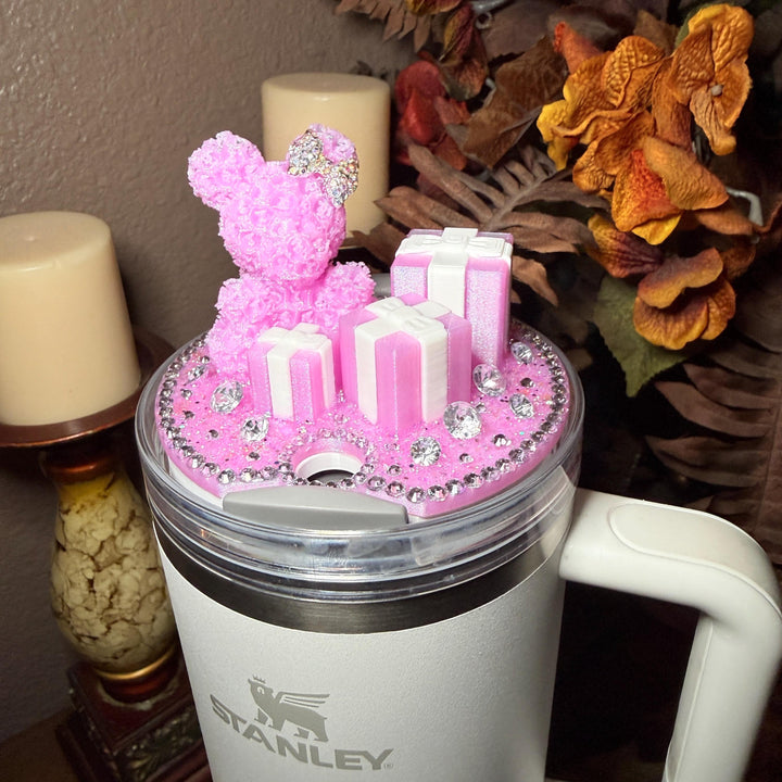 Lavender White Rose Bear and Gift Boxes Rhinestone Tumbler Topper fits Stanley Lids
