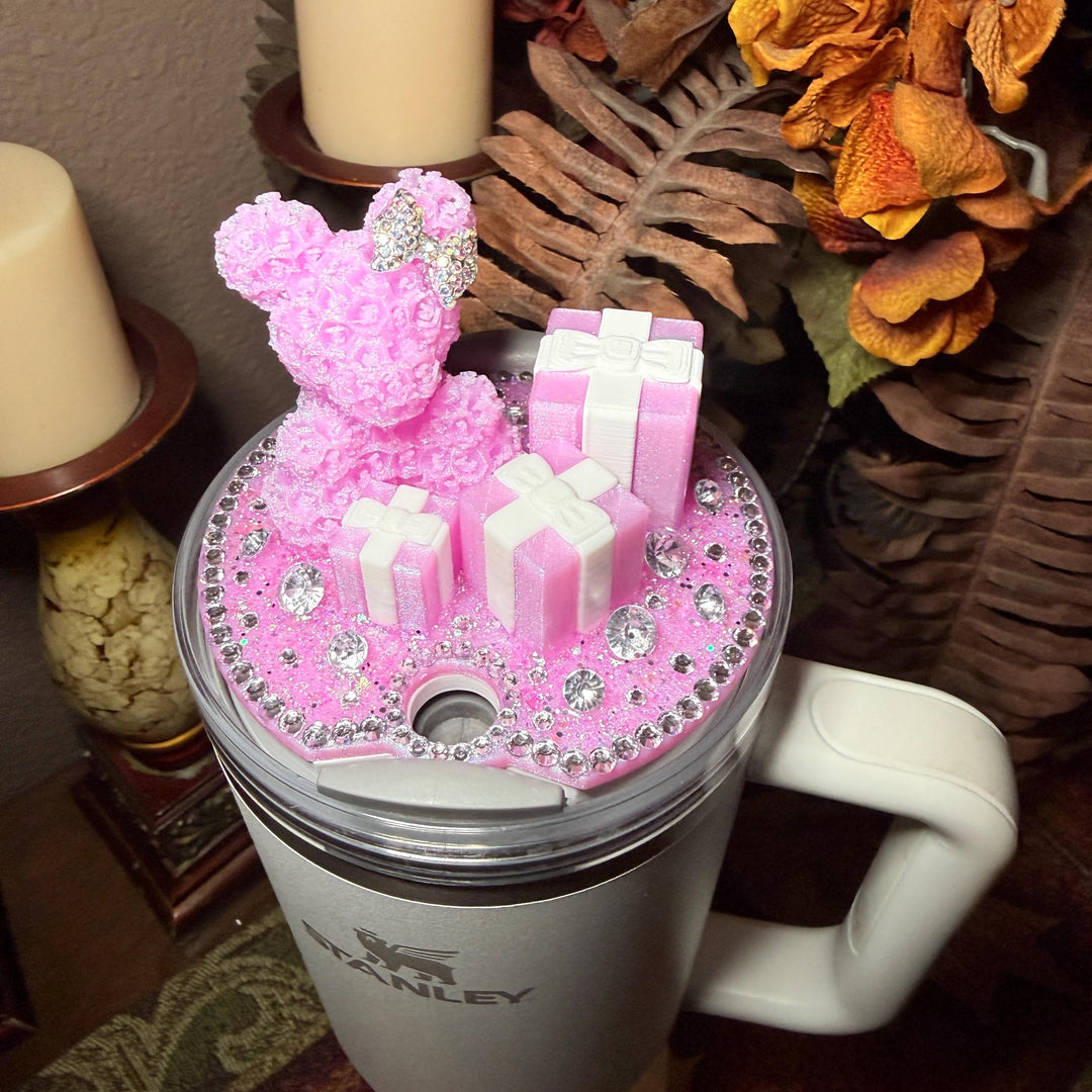 Lavender White Rose Bear and Gift Boxes Rhinestone Tumbler Topper fits Stanley Lids