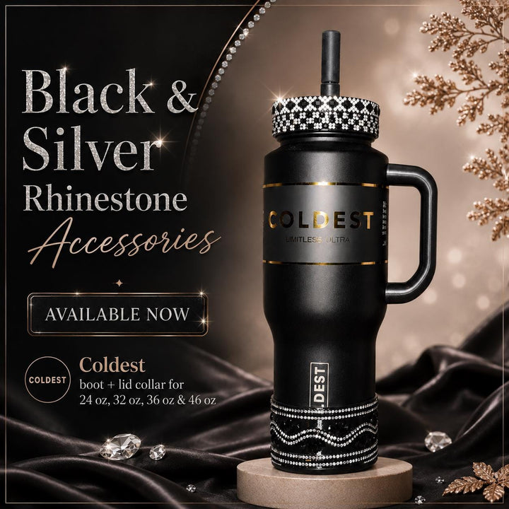 Black and Silver Rhinestone Tumbler accessories, bling collar halo boot, fits Stanley and Coldest tumblers, unique gift