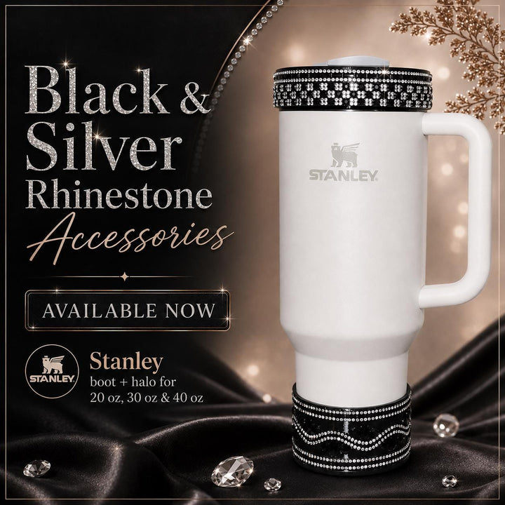 Black and Silver Rhinestone Tumbler accessories, bling collar halo boot, fits Stanley and Coldest tumblers, unique gift