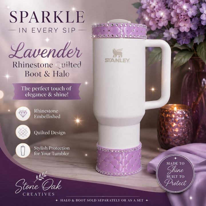 Lavender Lilac Purple Quilted Rhinestone Tumbler boot and halo for Stanley tumblers