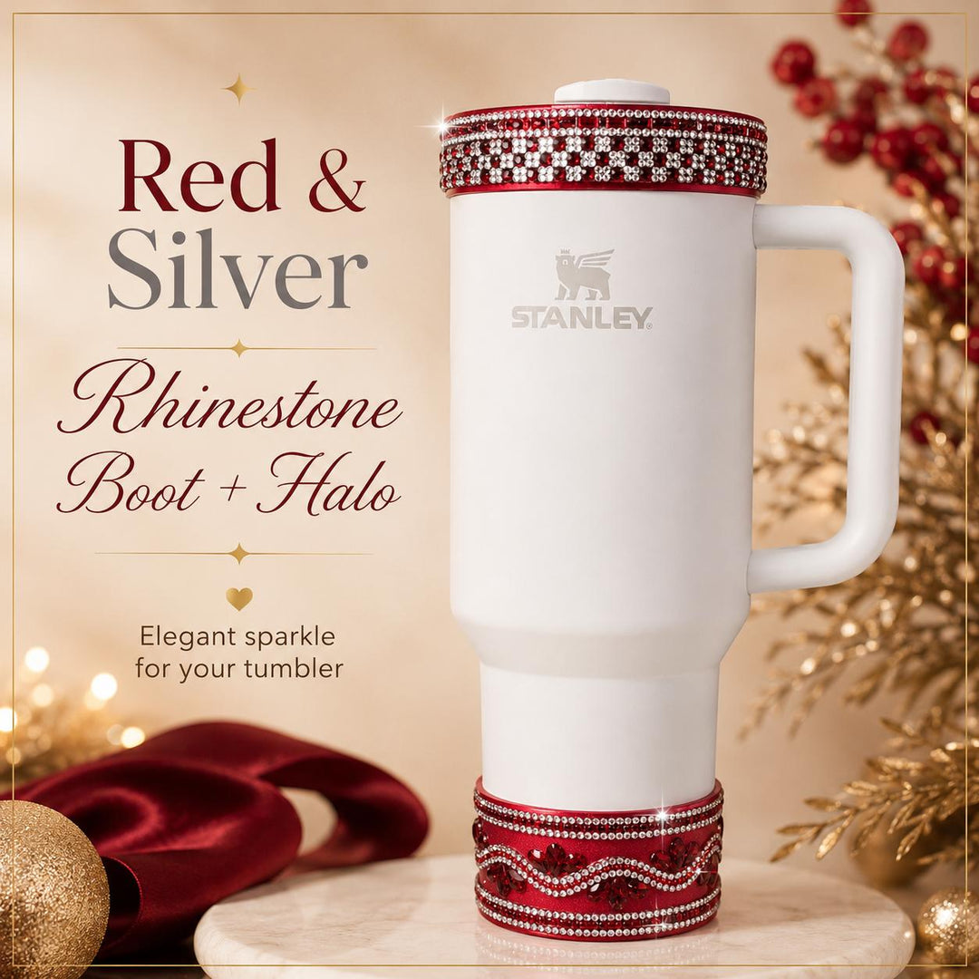 Red and Silver Rhinestone Tumbler Boot or Halo, Bling Sparkle Cup Sleeve, Stanley and other brand Accessories, Unique Gift