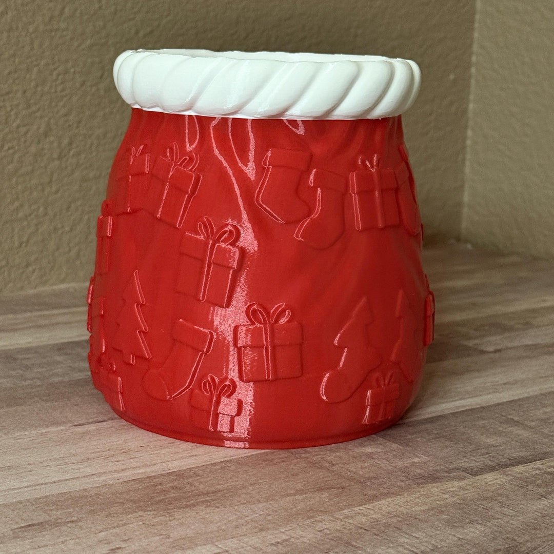 Santa Sack Planter Vase, Christmas Flower Pot, Holiday Centerpiece, Red White Christmas Decor, 3D Printed Gift Holder