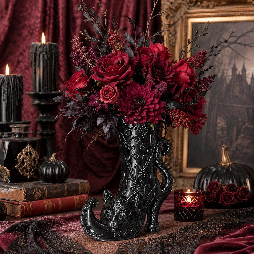 Gothic Cat Witch Curly Toe Boot Vase, Curly Toe Halloween Vase, Black Cat Gothic Decor, Witchy Halloween Centerpiece, Spooky Home Decor