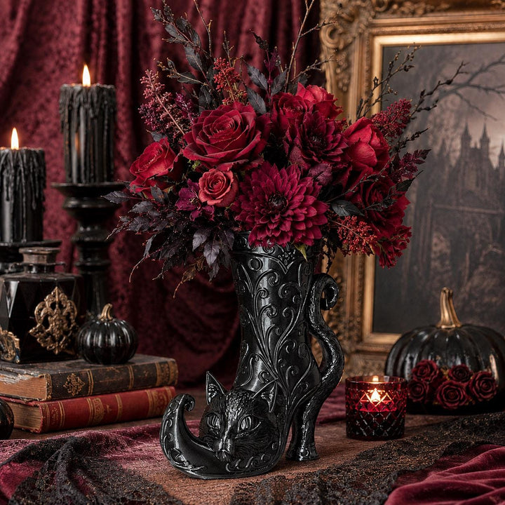 Gothic Cat Witch Curly Toe Boot Vase, Curly Toe Halloween Vase, Black Cat Gothic Decor, Witchy Halloween Centerpiece, Spooky Home Decor
