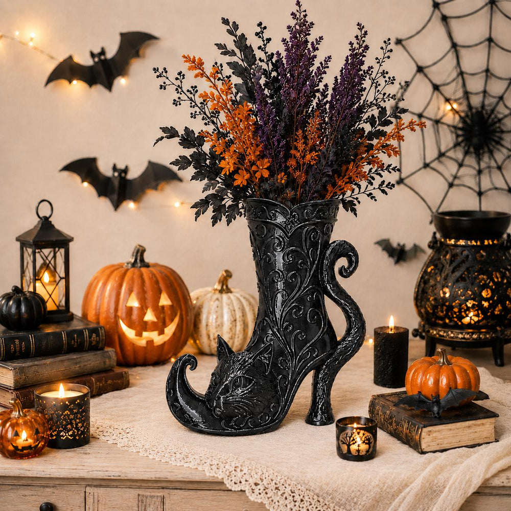 Gothic Cat Witch Curly Toe Boot Vase, Curly Toe Halloween Vase, Black Cat Gothic Decor, Witchy Halloween Centerpiece, Spooky Home Decor