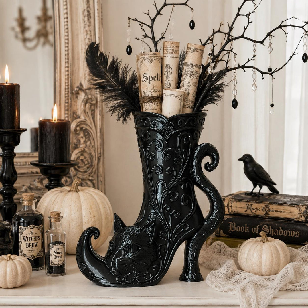Gothic Cat Witch Curly Toe Boot Vase, Curly Toe Halloween Vase, Black Cat Gothic Decor, Witchy Halloween Centerpiece, Spooky Home Decor
