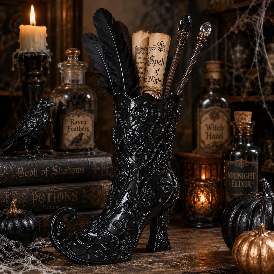 Gothic Rose Witch Boot Vase, Halloween Curly Toe Boot, Witchy Halloween Decor, Black Gothic Vase, Spooky Home, Wizard Spell-caster Gift