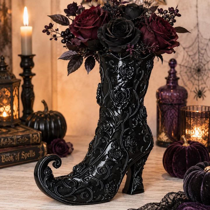 Gothic Rose Witch Boot Vase, Halloween Curly Toe Boot, Witchy Halloween Decor, Black Gothic Vase, Spooky Home, Wizard Spell-caster Gift