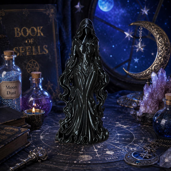 Hooded Goddess Princess Figurine, Gothic Dark Goddess Statue, Witchy Altar Decor, Halloween Shelf Accent, Mystical 3D Printed Sculpture