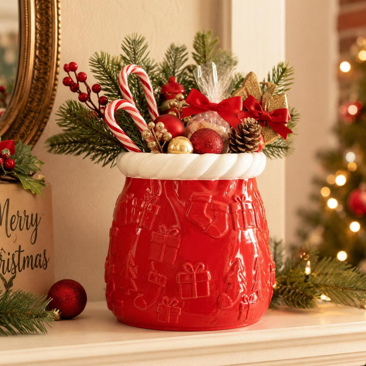 Santa Sack Planter Vase, Christmas Flower Pot, Holiday Centerpiece, Red White Christmas Decor, 3D Printed Gift Holder