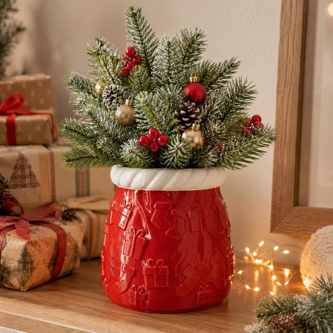 Santa Sack Planter Vase, Christmas Flower Pot, Holiday Centerpiece, Red White Christmas Decor, 3D Printed Gift Holder