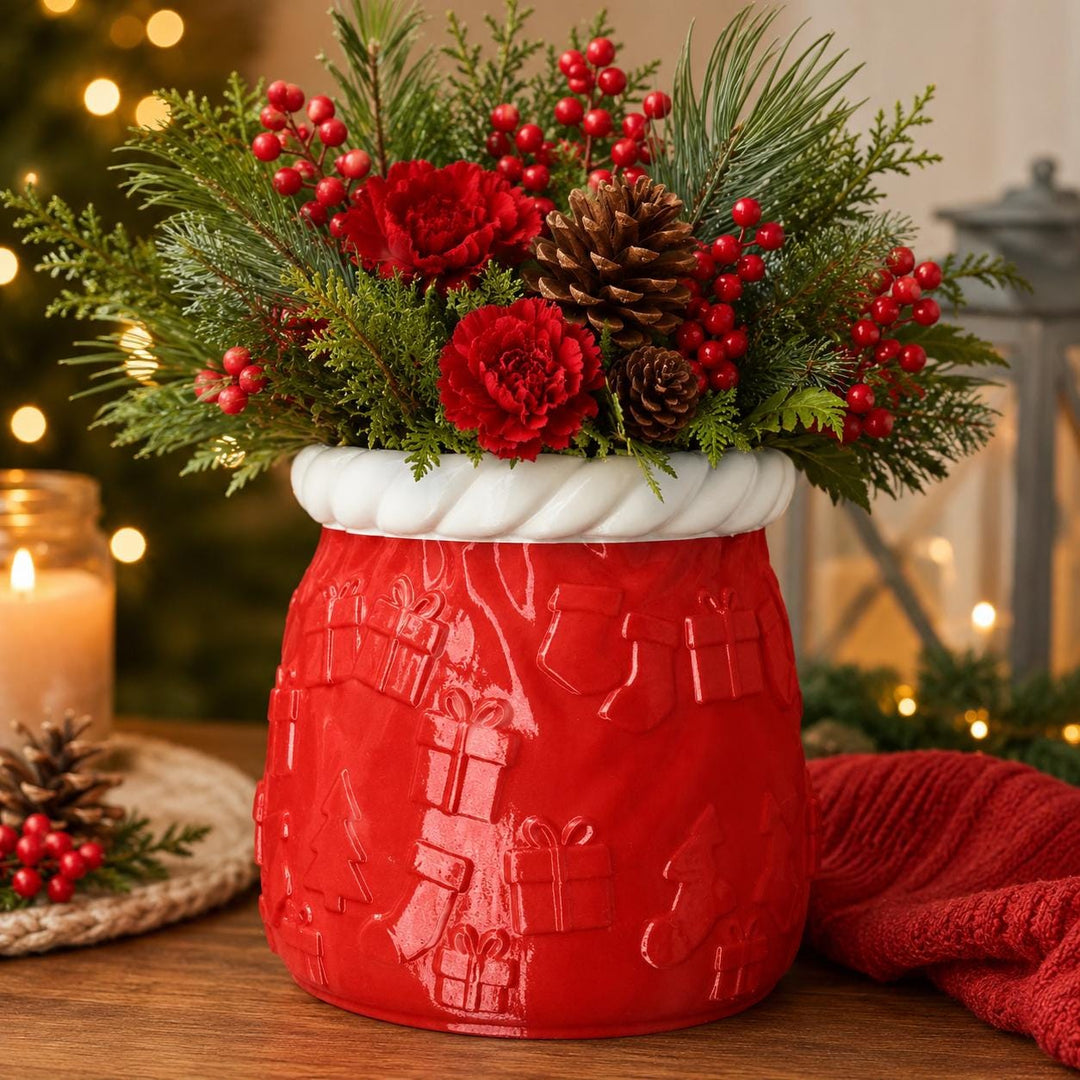 Santa Sack Planter Vase, Christmas Flower Pot, Holiday Centerpiece, Red White Christmas Decor, 3D Printed Gift Holder