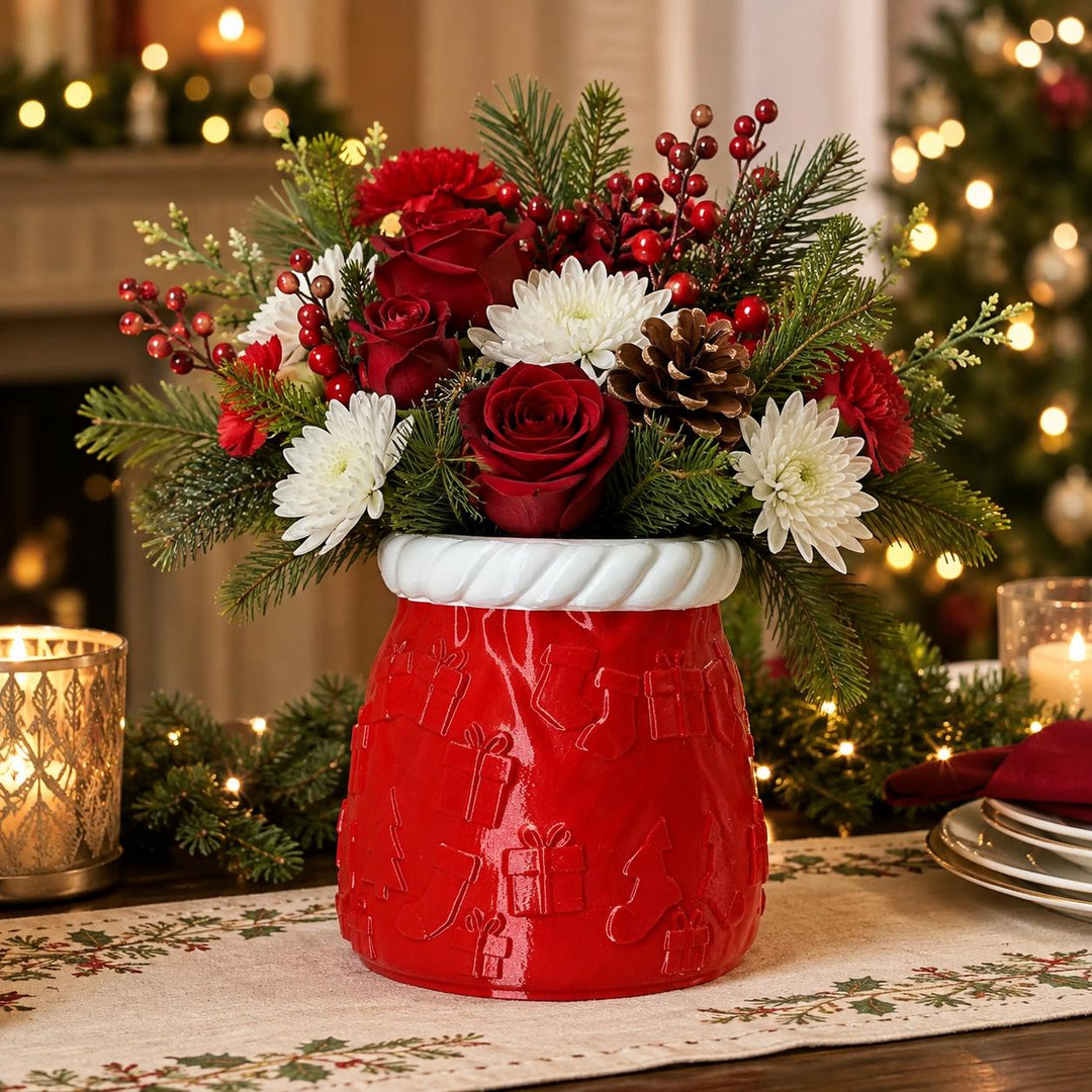 Santa Sack Planter Vase, Christmas Flower Pot, Holiday Centerpiece, Red White Christmas Decor, 3D Printed Gift Holder