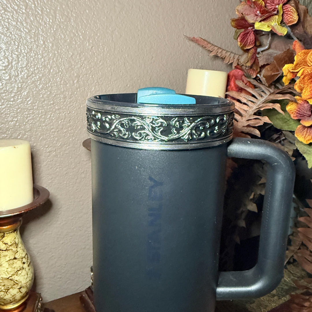 Elegant Black and Silver Fancy Lace Tumbler Boot, Halo or lid collar Accessory Collection for tumblers, Stanley and Coldest accessories