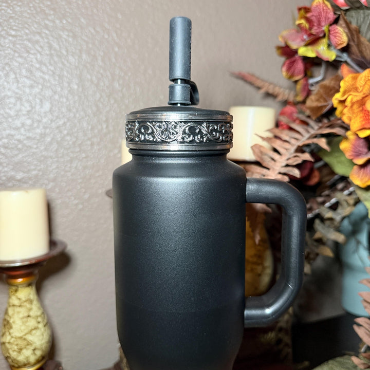 Elegant Black and Silver Fancy Lace Tumbler Boot, Halo or lid collar Accessory Collection for tumblers, Stanley and Coldest accessories