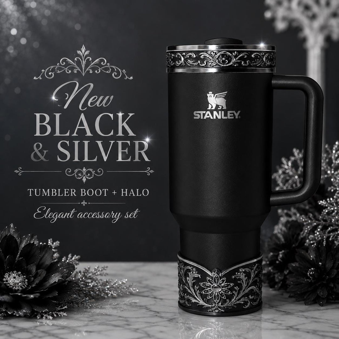 Elegant Black and Silver Fancy Lace Tumbler Boot, Halo or lid collar Accessory Collection for tumblers, Stanley and Coldest accessories