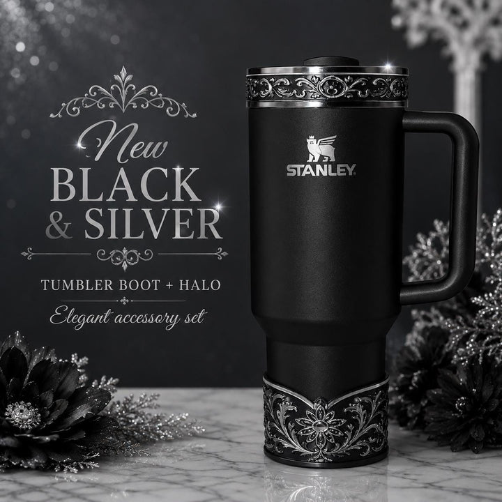 Elegant Black and Silver Fancy Lace Tumbler Boot, Halo or lid collar Accessory Collection for tumblers, Stanley and Coldest accessories