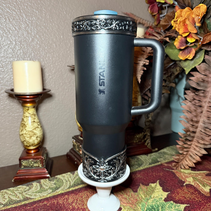 Elegant Black and Silver Fancy Lace Tumbler Boot, Halo or lid collar Accessory Collection for tumblers, Stanley and Coldest accessories