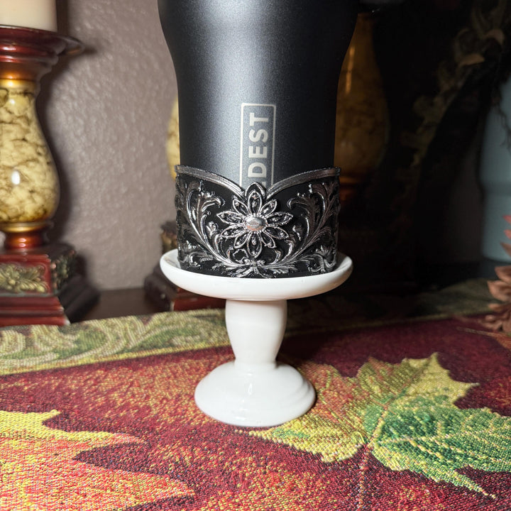 Elegant Black and Silver Fancy Lace Tumbler Boot, Halo or lid collar Accessory Collection for tumblers, Stanley and Coldest accessories