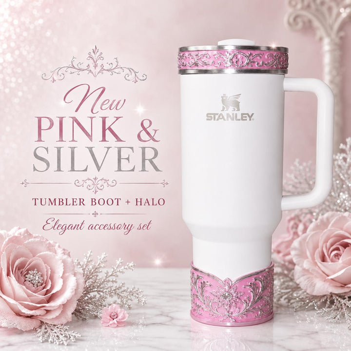 Elegant Pink and Silver Fancy Lace Tumbler Boot, Halo or lid collar Accessory Collection for tumblers, Stanley and Coldest accessories
