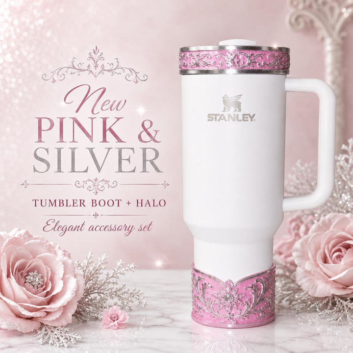 Elegant Pink and Silver Fancy Lace Tumbler Boot, Halo or lid collar Accessory Collection for tumblers, Stanley and Coldest accessories