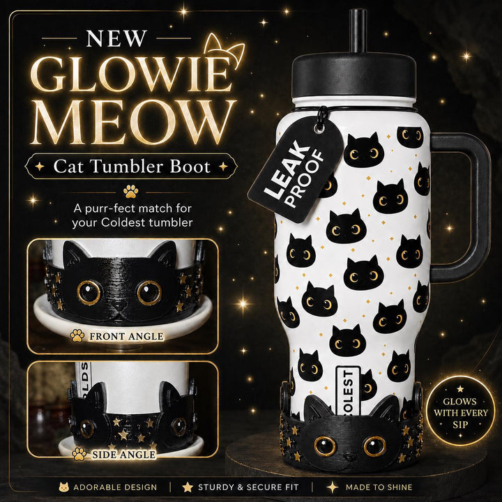 Black and Gold Cat Tumbler Boot, Coldest Glowie Meow, Perfect for pet lovers, Fit's Stanley and Coldest Tumblers, Protective Sleeve